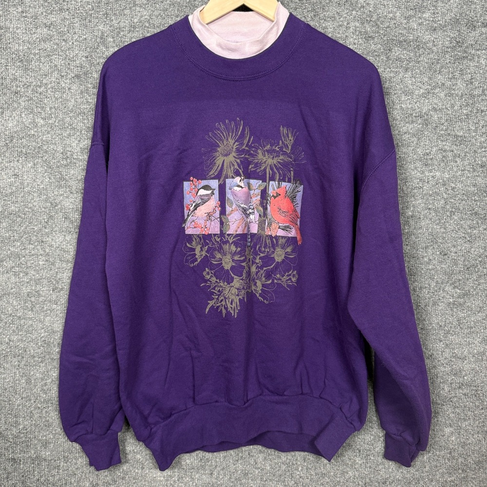 Vintage Jerzees XL Sweatshirt Purple Mock Neck Birds Bluejay Cardinal Chickabee